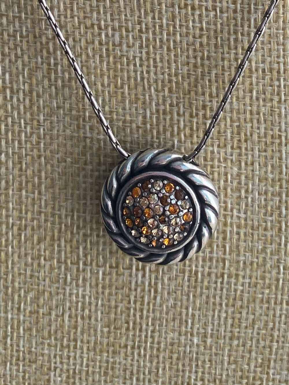 BRIGHTON Sterling Silver Pendant Necklace w Amber Crystals & Gold inlay